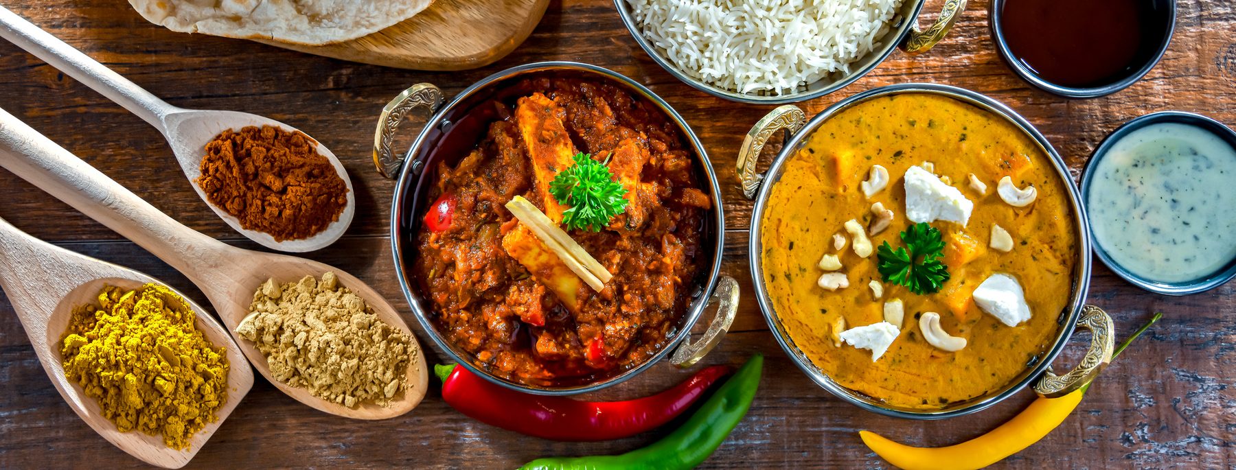 A spread of authentic Indian curries, breads and spices at Shehnai Restaurant